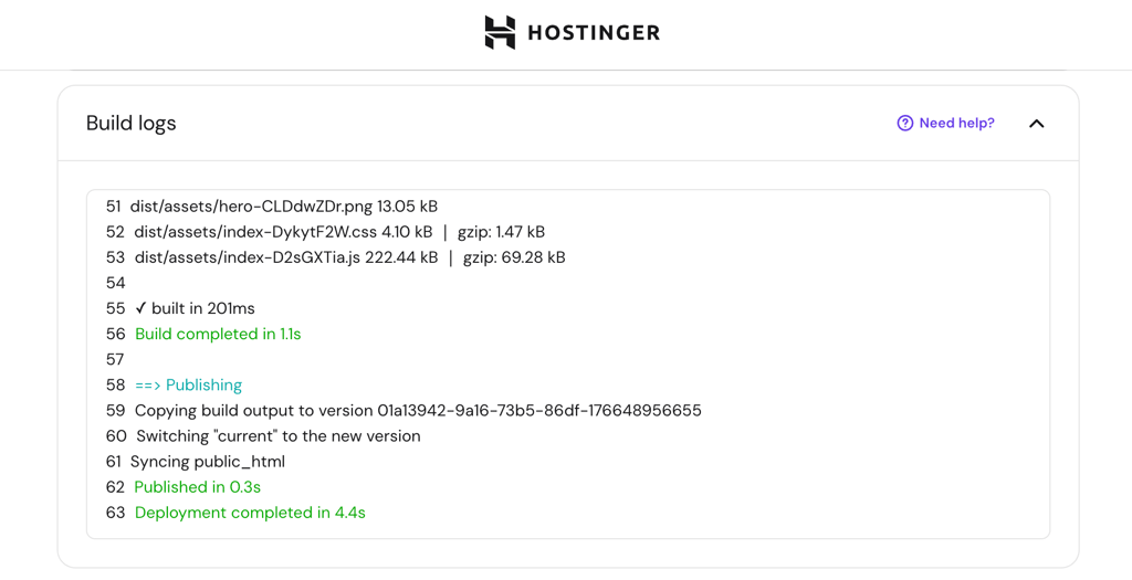 How to deploy from GitHub 8 Hostinger build logs showing a successful application build, publishing process, and completed deployment.