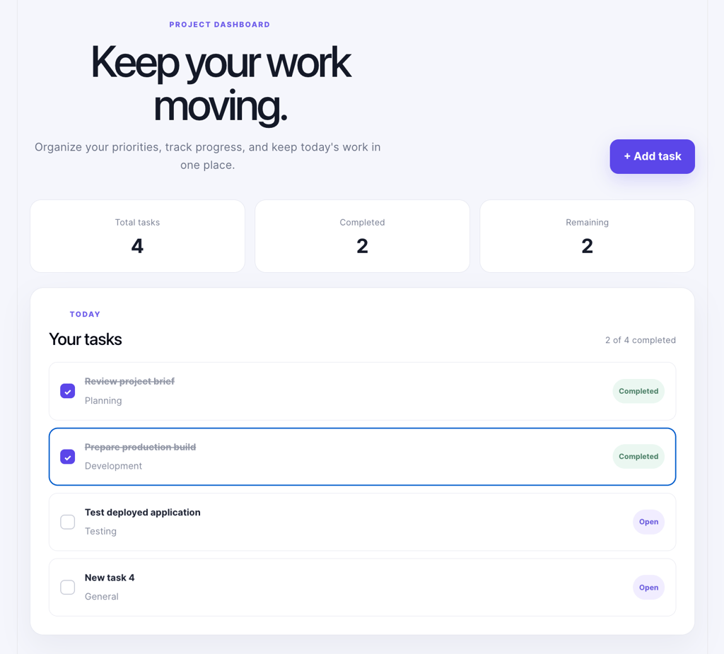 How to deploy from GitHub 9 Deployed TaskFlow application showing four tasks and two completed tasks after testing its interactive features.