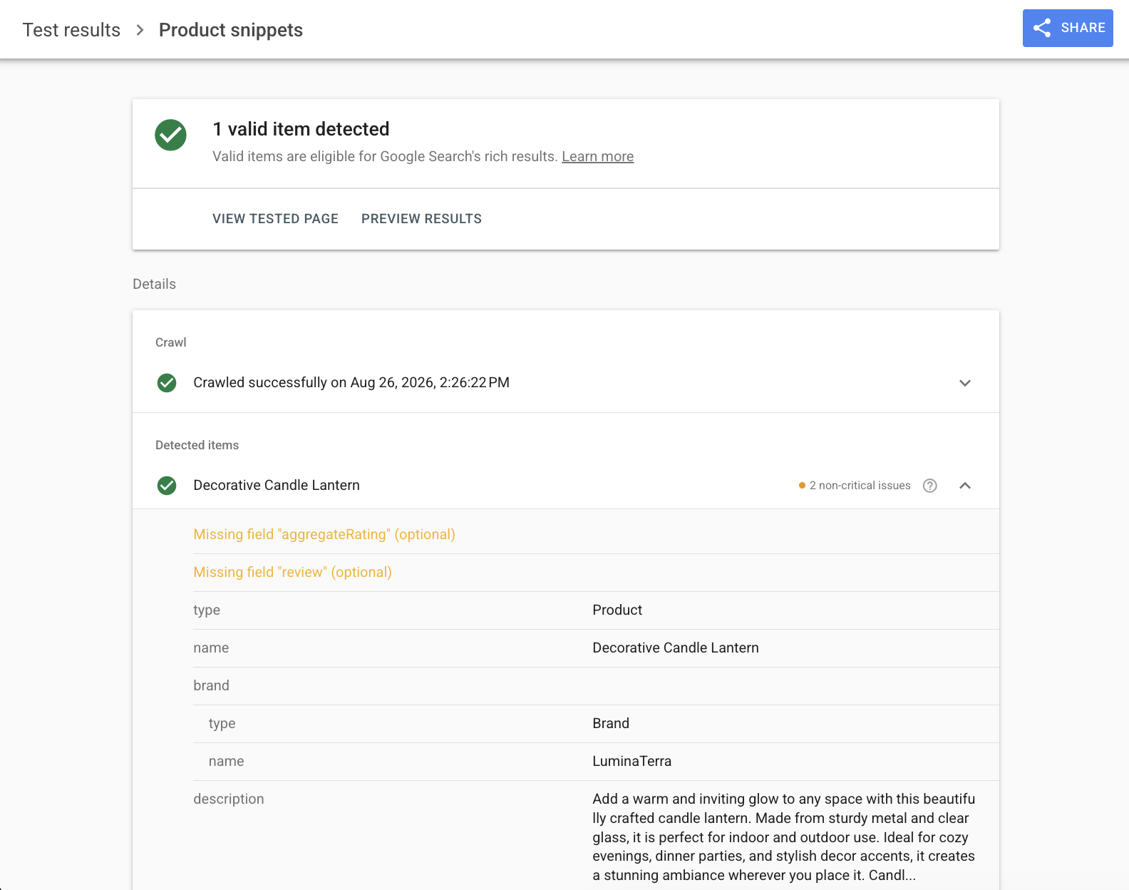 Google Rich Results Test result for a Hostinger Ecommerce product page showing one valid Product item detected, with optional aggregateRating and review fields flagged as missing and detected properties including type, name, brand, and description