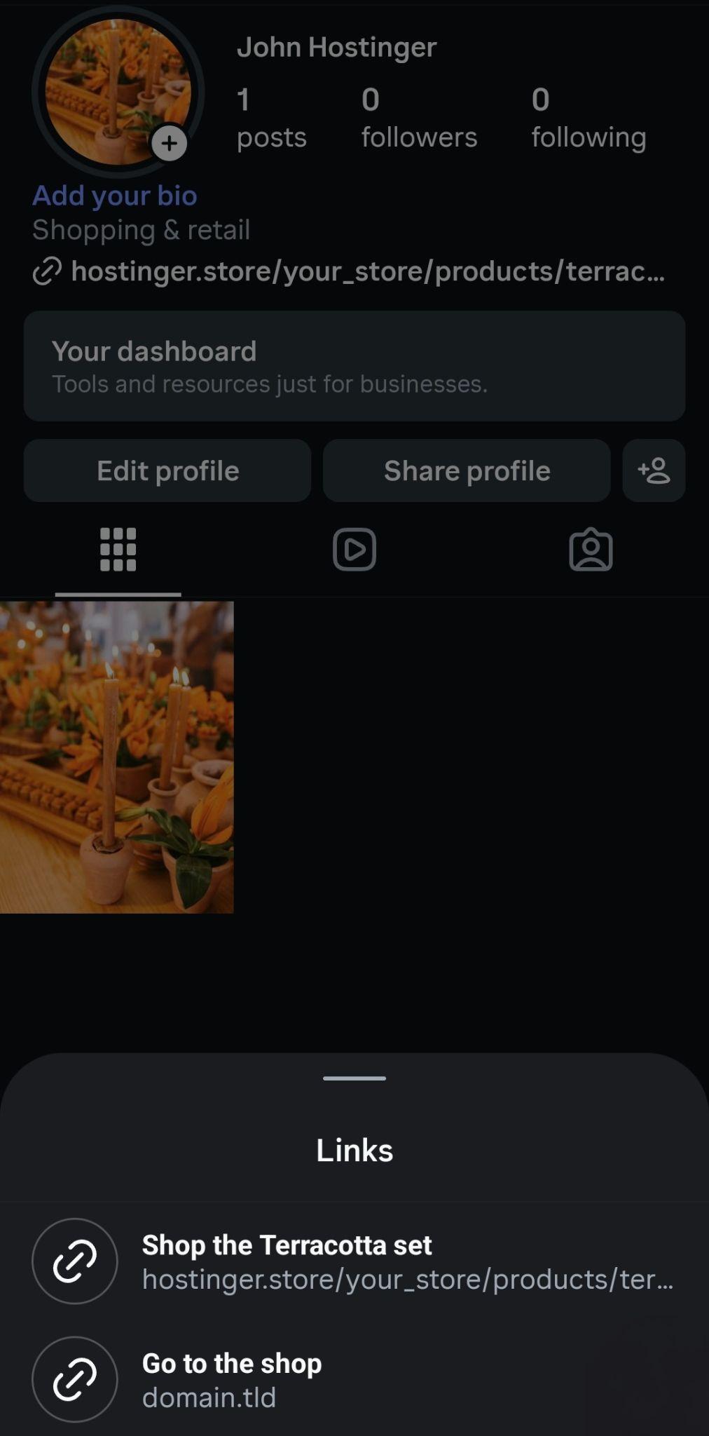 Instagram business profile showing a product link under the bio, with the Links sheet open and two link titles: Shop the Terracotta set and Go to the shop
