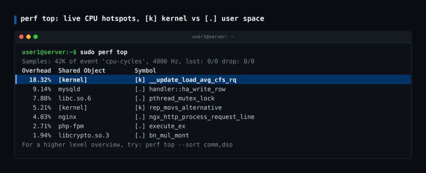 sudo perf top live view listing kernel and user space functions by CPU overhead