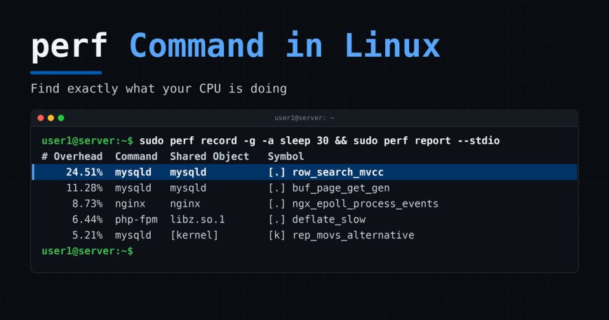 perf command in Linux showing perf report output with mysqld row_search_mvcc as the top CPU hotspot