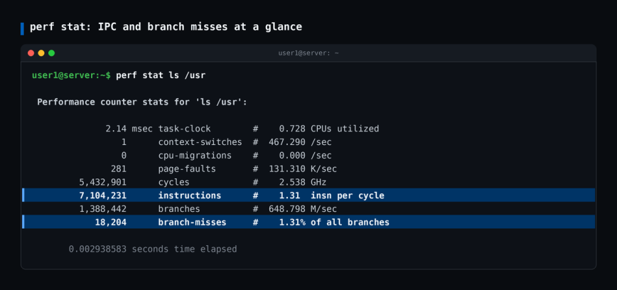 perf stat output for ls /usr with instructions per cycle and branch misses highlighted