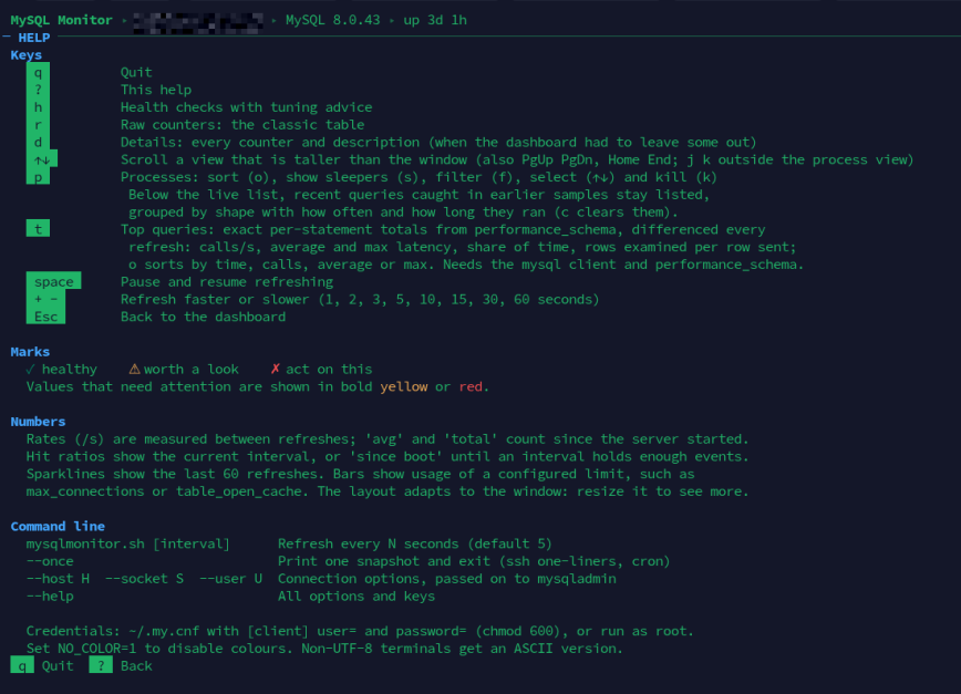 MySQL Monitor help screen listing the keys, what the marks mean and how the numbers are measured