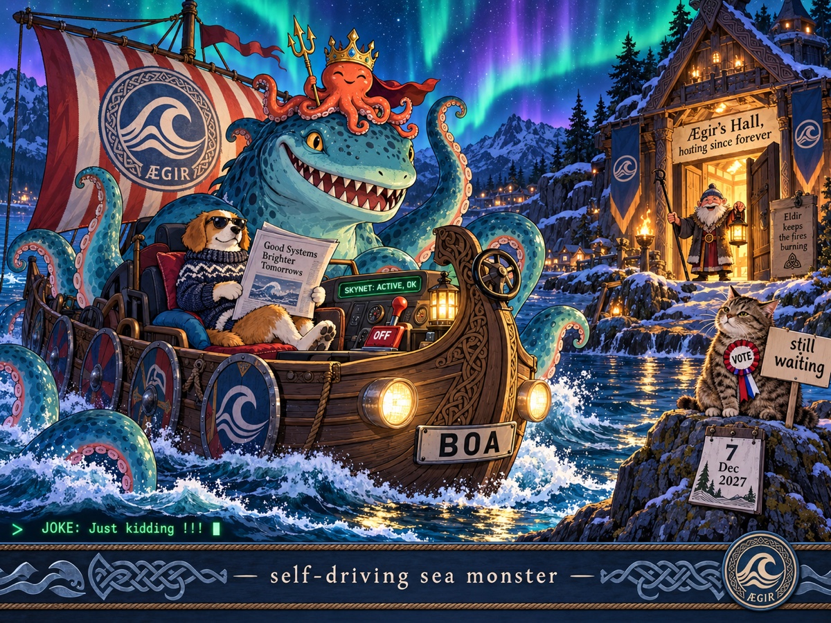 Anime-style halo card, Self-Driving Sea Monster: under northern lights a Viking longship fitted out as a car, with a striped sail carrying the Ægir wave shield, a steering wheel nobody holds, headlamps and a number plate reading BOA, is crewed by a big blue sea monster with kraken tentacles and a barracuda grin, the crowned octopus with a trident on its head, and the BOA dog in sunglasses and a Nordic jumper reading a newspaper in the passenger seat, its paw next to a dashboard screen reading SKYNET: ACTIVE, OK and a big red lever marked OFF; on the shore a timber hall signed Ægir's Hall, hosting since forever, where Eldir holds the door with a lantern and a staff beside a board reading Eldir keeps the fires burning; on a rock in the foreground a tabby cat with a VOTE rosette holds a placard reading still waiting next to a calendar showing 7 Dec 2027; a terminal strip along the water reads JOKE: Just kidding !!!, and the footer band reads self-driving sea monster