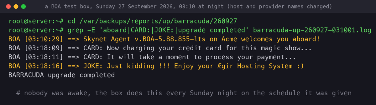 Terminal window on a BOA test box: a grep through the log of the upgrade the box ran by itself on Sunday 27 September 2026 at 03:10 shows the greeting Skynet Agent v.BOA-5.88.855-lts welcomes you aboard, then at 03:18 the two CARD lines about charging your credit card for this magic show, the line JOKE: Just kidding !!! Enjoy your Ægir Hosting System, and BARRACUDA upgrade completed
